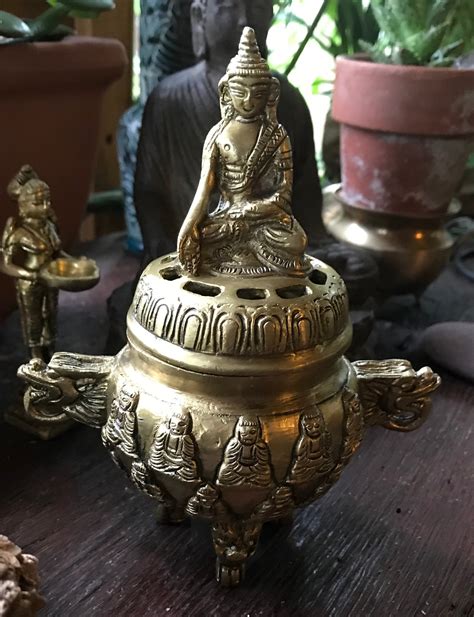 Tibetan Buddha Brass Incense Burner With Kit Vintage Style Heavy