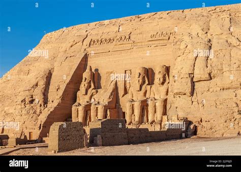 View of the famous rock-cut temple of Pharaoh Ramses II in the village ...