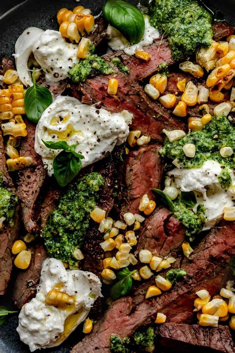 Pesto Steak Grilled Flank Steak With Burrata Pesto