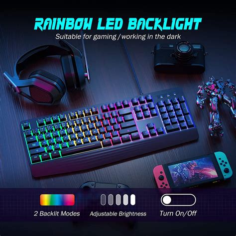 Gaming Keyboard, 7-Color Rainbow LED Backlit, 104 Keys Quiet Light Up ...