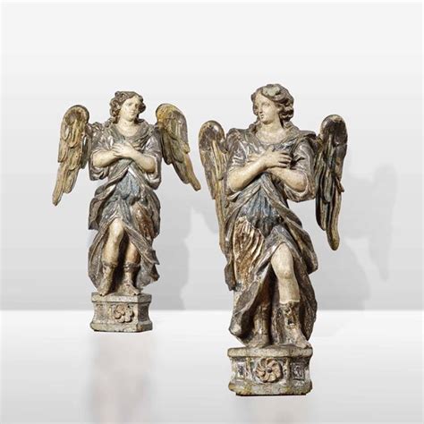 Coppia Di Angeli In Legno Policromo Arte Barocca Italiana Del Xvii