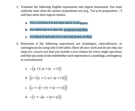 Solved 1 Translate Following English Expressions Logical Statements