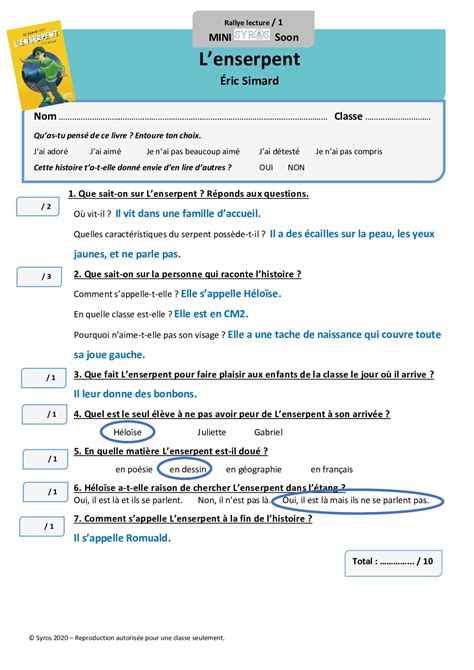 Calam O Fiches Rallye Lecture Corrig Es L Enserpent Niveaux Et