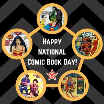 happy national comic book day with comics on black and white chevron background, surrounded by ...