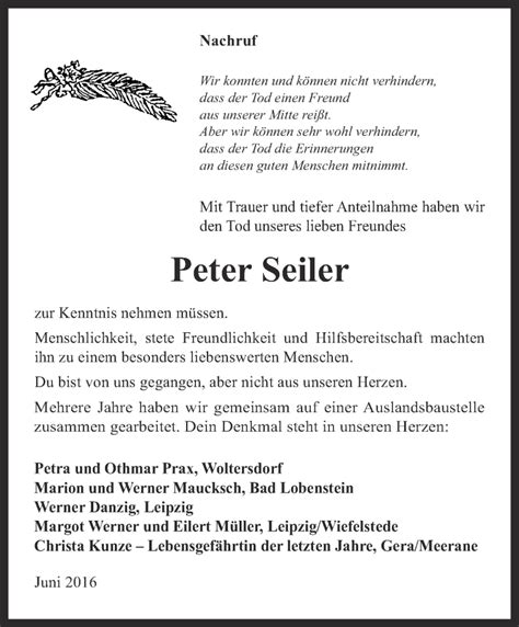 Traueranzeigen Von Peter Seiler Trauer In Thueringen De