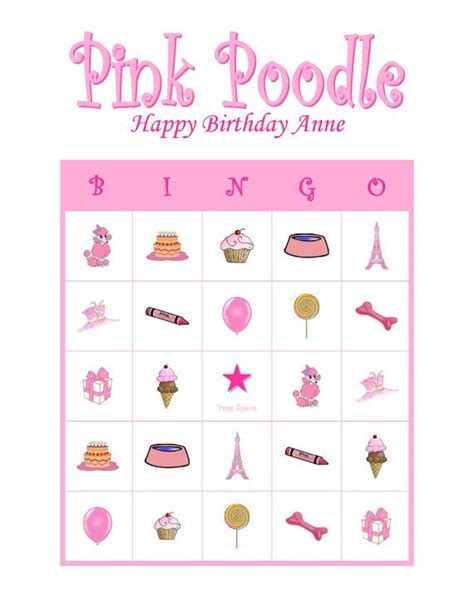 Pink Poodle Personalized Birthday Party Game Activity Bingo Cards