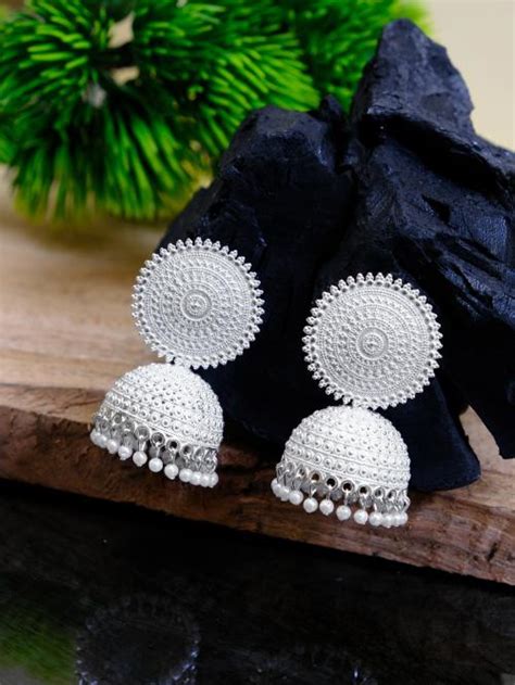 Buy Crunchy Fashion Oxidized German Silver White Jhumka Earrings Alloy