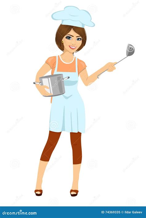 Female Chef Cook Or Baker With Pan And Ladle On White Background Stock