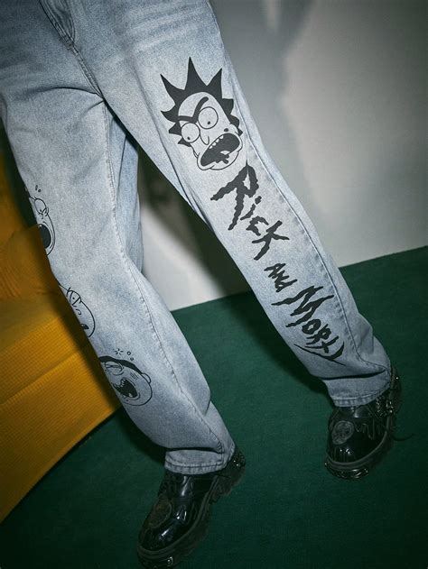 Rick And Morty Romwe Hombres Jeans De Pierna Recta Con Estampado De