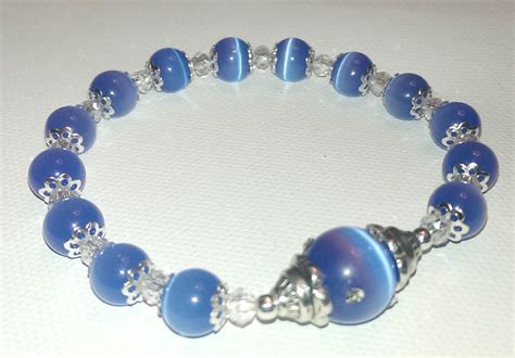 Cats Eye Swarovski Crystal Bracelet For Her Blue Beaded Silver Accent