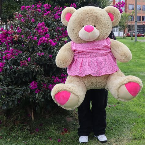 Oso De Peluche Grande Con Vestido 150m Color Crema Y Rosa Peluches