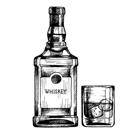 Hand Drawn Bottle Of Scotch Whiskey With A Glass Vector Beverage