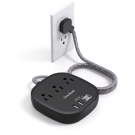 Flat Plug Power Strip, 5ft Flat Extension Cord - 3 Outlets 4 USB Ports ...