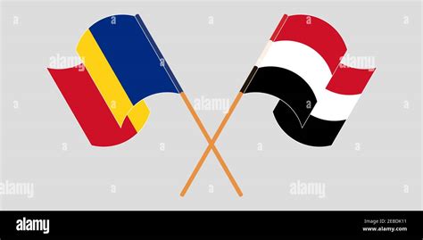 Crossed And Waving Flags Of Romania And Yemen Vector Illustration