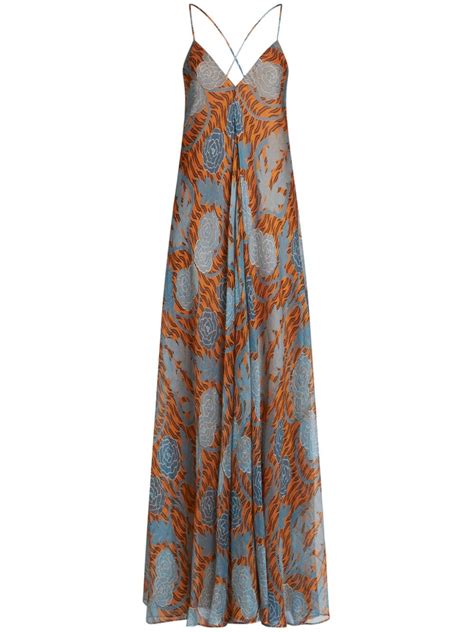 ETRO Floral Print Silk Maxi Dress Blue FARFETCH