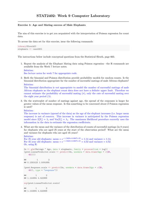Lab Week 9 Sol Lab Solution Stat2402 Week 9 Computer Laboratory Exercise 1 Age And Mating