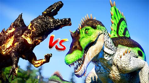 3 Head Blue T Rex Vs Spinosaurus Vs Godzilla Jurassic World Evolution Dinosaurs Fighting