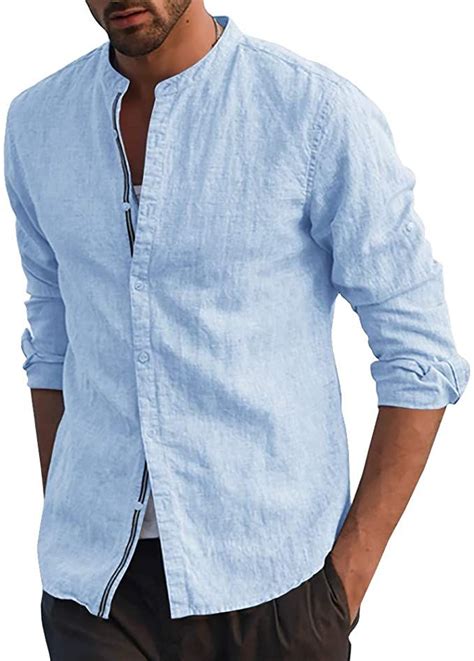 Mens Long Sleeve Shirts Cotton Button Down Band Collar Casual Slim Fit