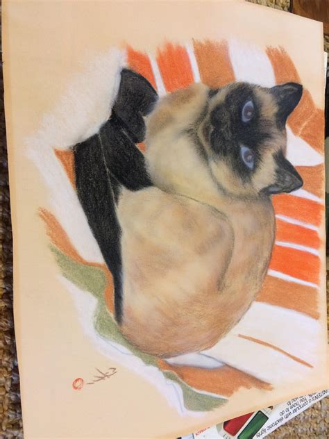 1960s? Oil Pastel cat with Japanese or Chinese signature and artist ...