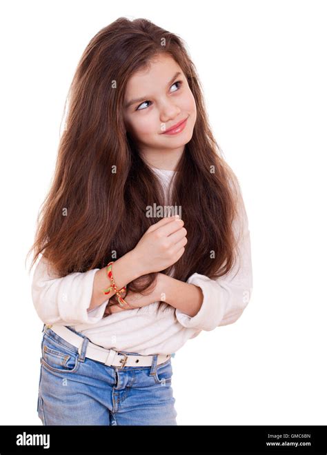 Cute girl deep in thought looking away, isolated on white background ...