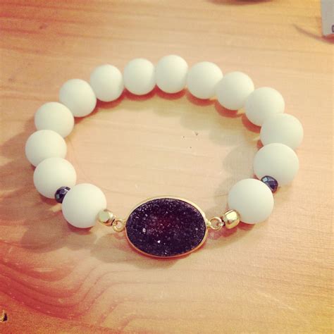 White Stretch Bracelet With Black Druzy Connector Charm De