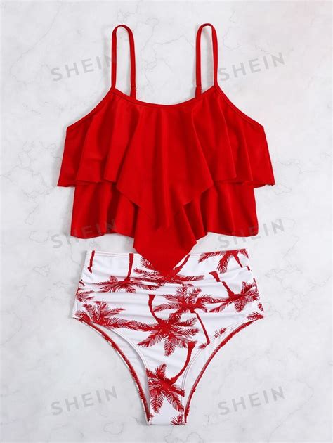 Shein Swim Ba Ador Bikini Con Estampado Tropical Bajo Hanky Fruncido De