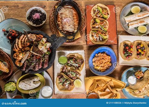 Variety Of Tasty Mexican Food On A Restaurant Table Stock Photo Image