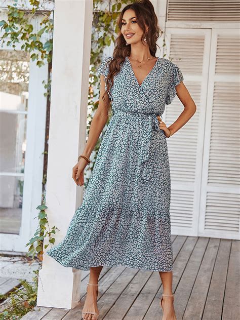 Robe Fleurie Longue Imprimée En Mousseline à Col V Avec Manches Courtes