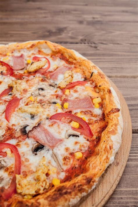 Pepperoni Pizza With Mozzarella Cheese Ham Tomatoes Pepper Spices