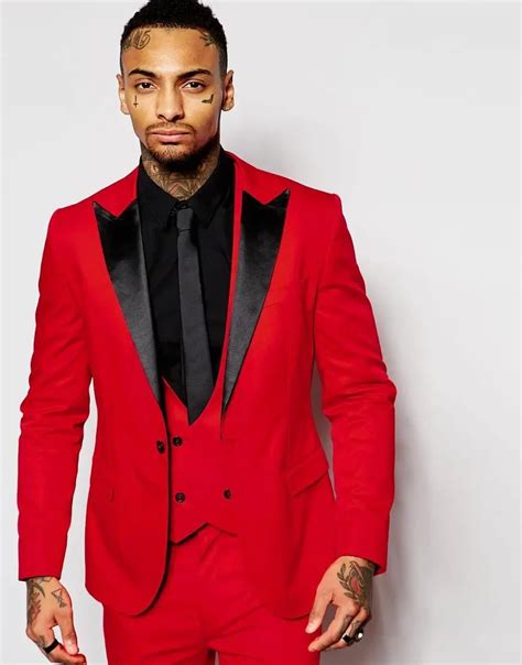 New Style Groomsmen Peak Black Lapel Groom Tuxedos White Red Men Suits