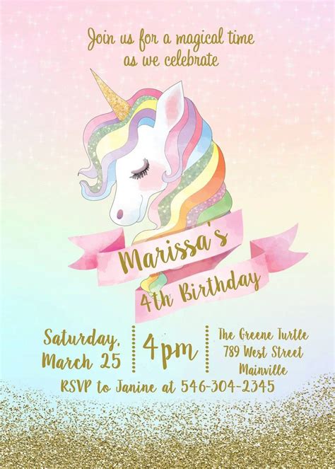 Unicorn Birthday Party Invitation Rainbow Glitter Sparkle Etsy