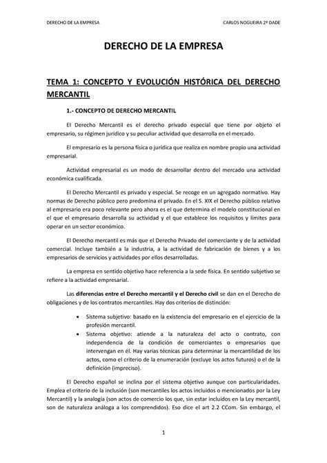 Derecho De La Empresa Parte 1 Noguiera Derecho De La Empresa Tema 1 Concepto Y EvoluciÓn