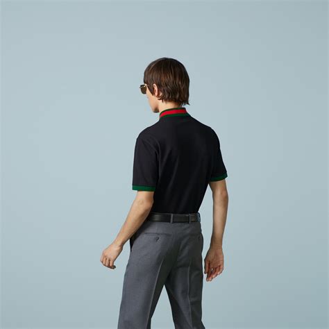 Cotton Piquet Polo With Web Collar In Black Gucci® Za