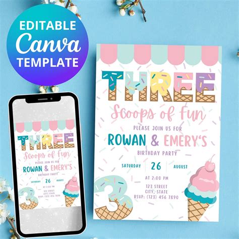 Editable Ice Cream Birthday Invitation Twin Three Scoops Of Fun 3rd