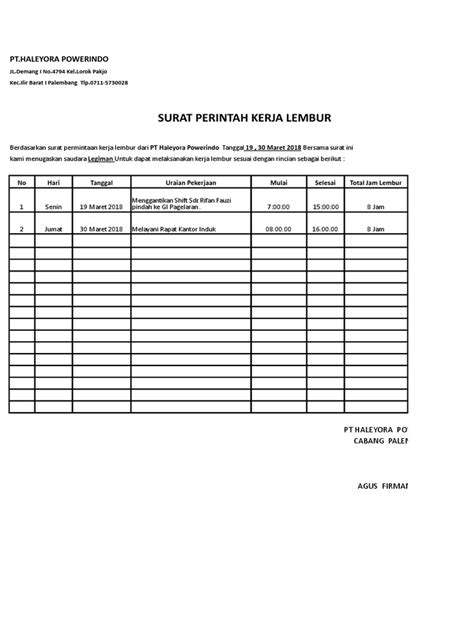 Contoh Format Surat Permintaan Lembur 2018 1 Pdf