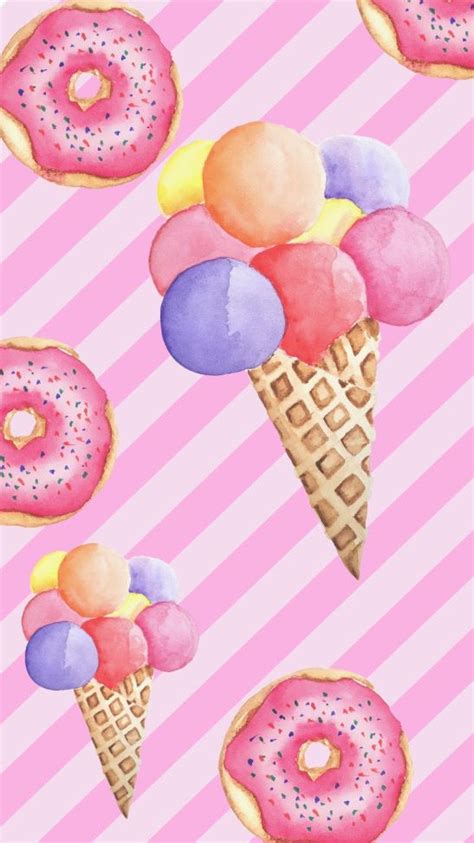 An Ice Cream Cone With Doughnuts And Sprinkles On Pink Striped Background