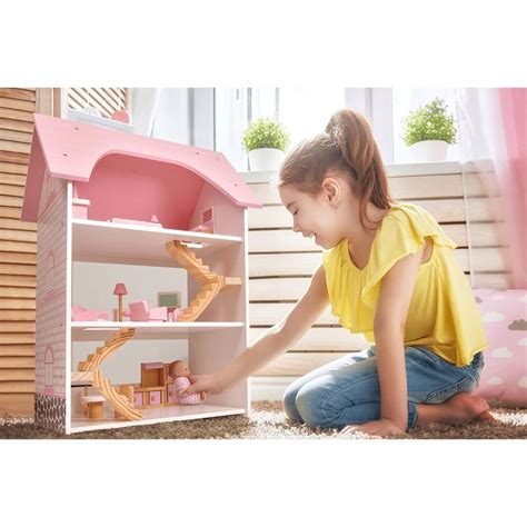 Wooden Dollhouse with Furniture | Fun Little Toys – funlittletoys