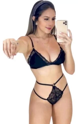 Conjunto Lingerie Calcinha E Sutiã Argola Renda Cetim Sexy MercadoLivre