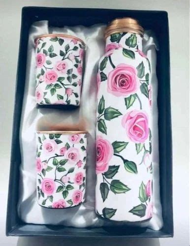 Floral Printed Copper Water Bottle Glass Gift Set Size 25 X13 X 8cm