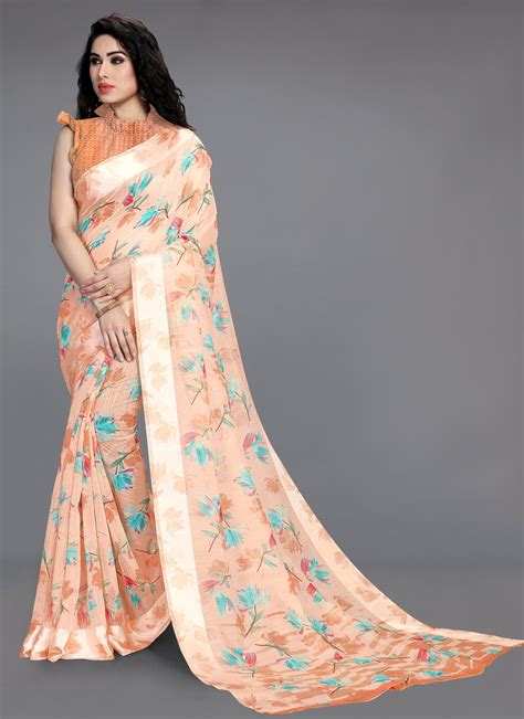 Shop Online Peach Cotton Printed Saree 186327 Saree