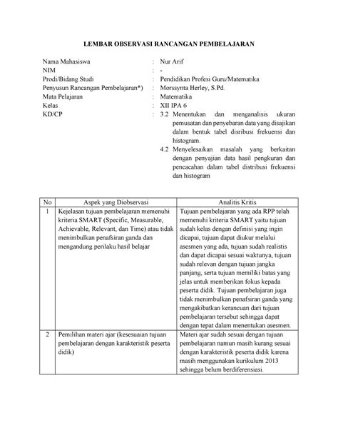 Lk 3 Lembar Observasi Rancangan Pembelajaran Ke 1 Lembar Observasi