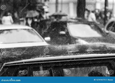 Pingos De Chuva Pesados Que Espirram No Telhado Do Carro Rebecca