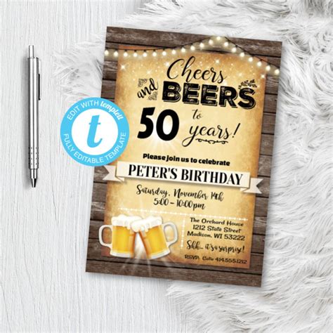 Mens 50th Cheers And Beers Invitation Birthday Party Rustic Etsy