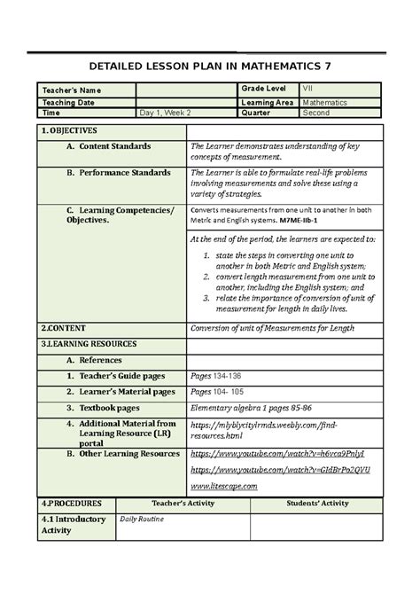 Grade 2 Lesson Plan 4th Quarter