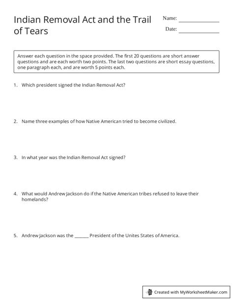 Indian Removal Act And The Trail Of Tears My Worksheet Maker Create