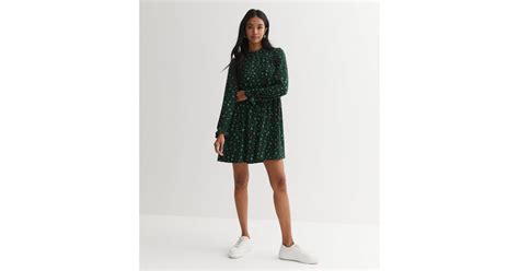 Black Floral Jersey High Neck Frill Mini Smock Dress New Look