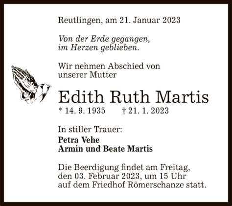 Traueranzeigen Von Edith Ruth Martis Trauer Gea De