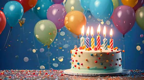 Birthday Cake With Burning Candles On Blue Background With Colorful