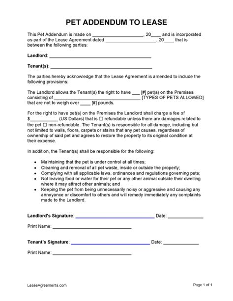 Free Pet Lease Addendum Template Pdf Word Rtf