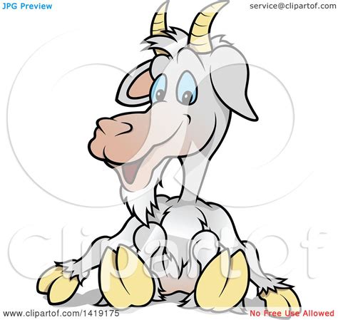 Clipart Of A Cartoon Happy Goat Sitting On The Ground Royalty Free